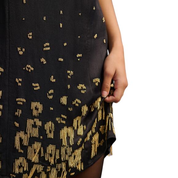 Anthropologie Beaded Halter Dress Black Flapper Gold Sequin Fringe Gatsby Party - Picture 10 of 12